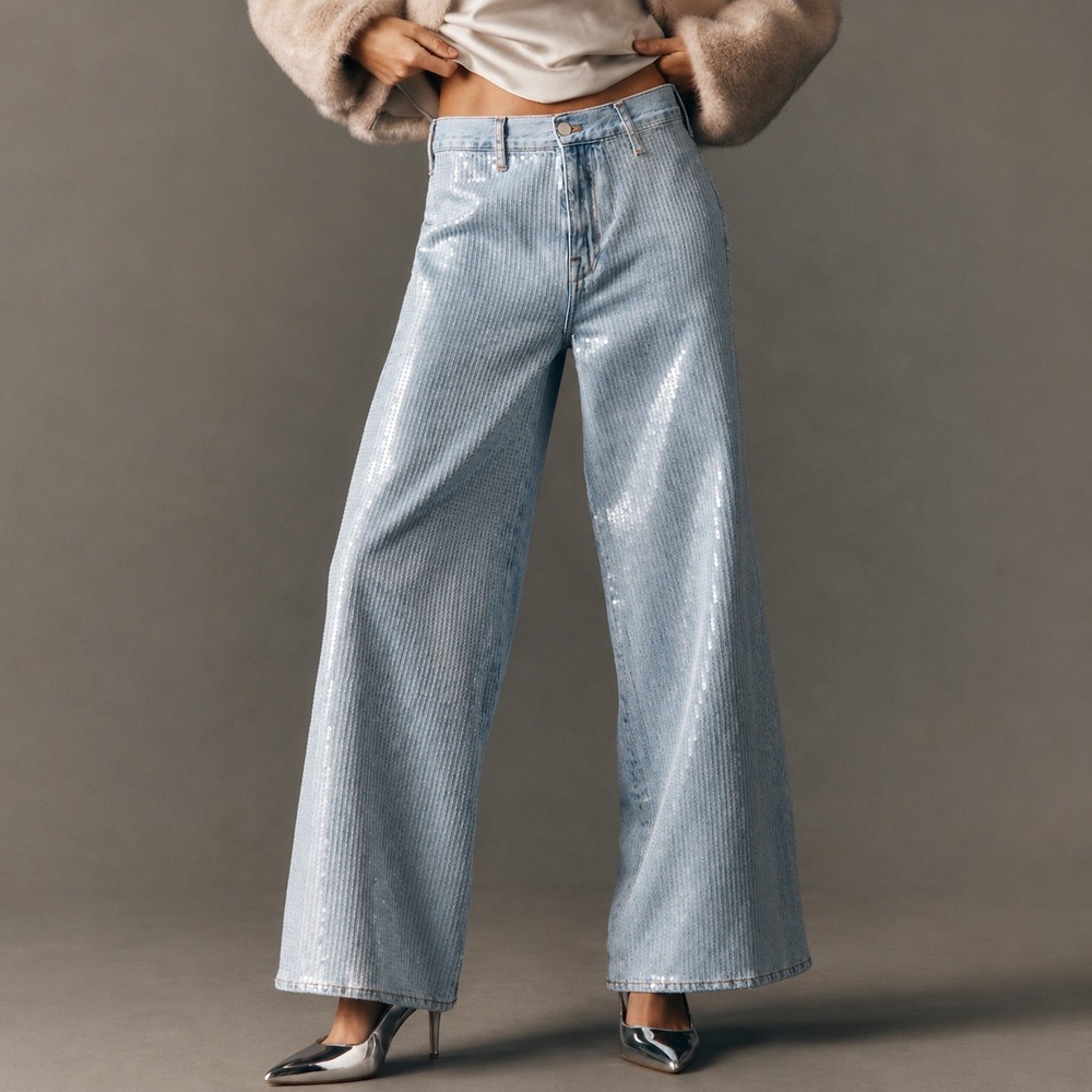NEW Pilcro Sequin Wide Leg Jeans 28 Light Wash Denim High Rise Pants FLAW